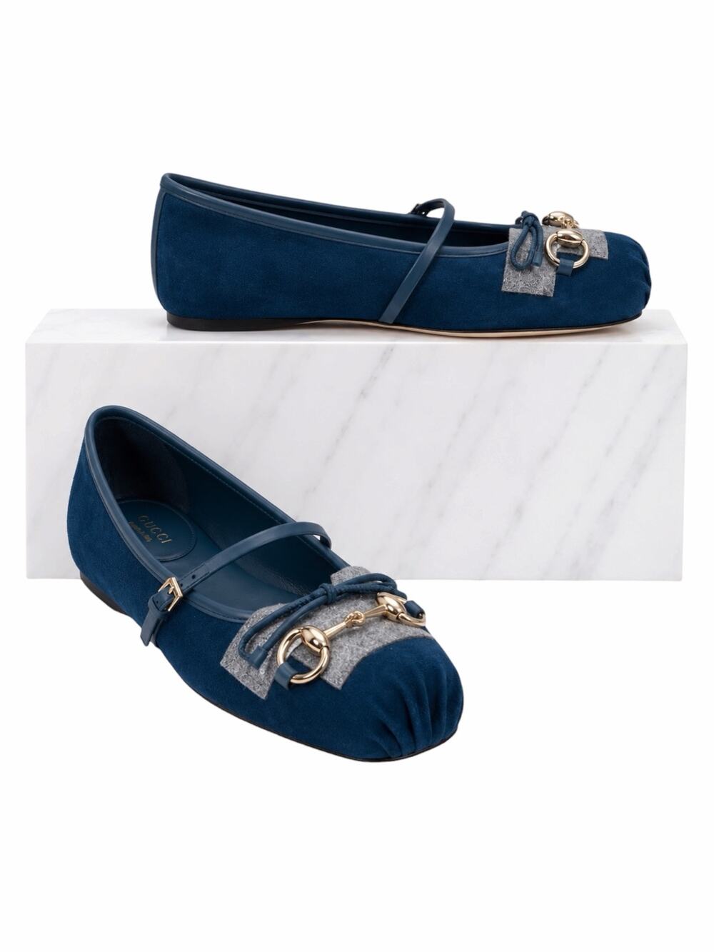 Gucci Kid Scamosciato Horsebit Mary Jane Flats Deep Acqua Size 38 - Picture 1 of 15